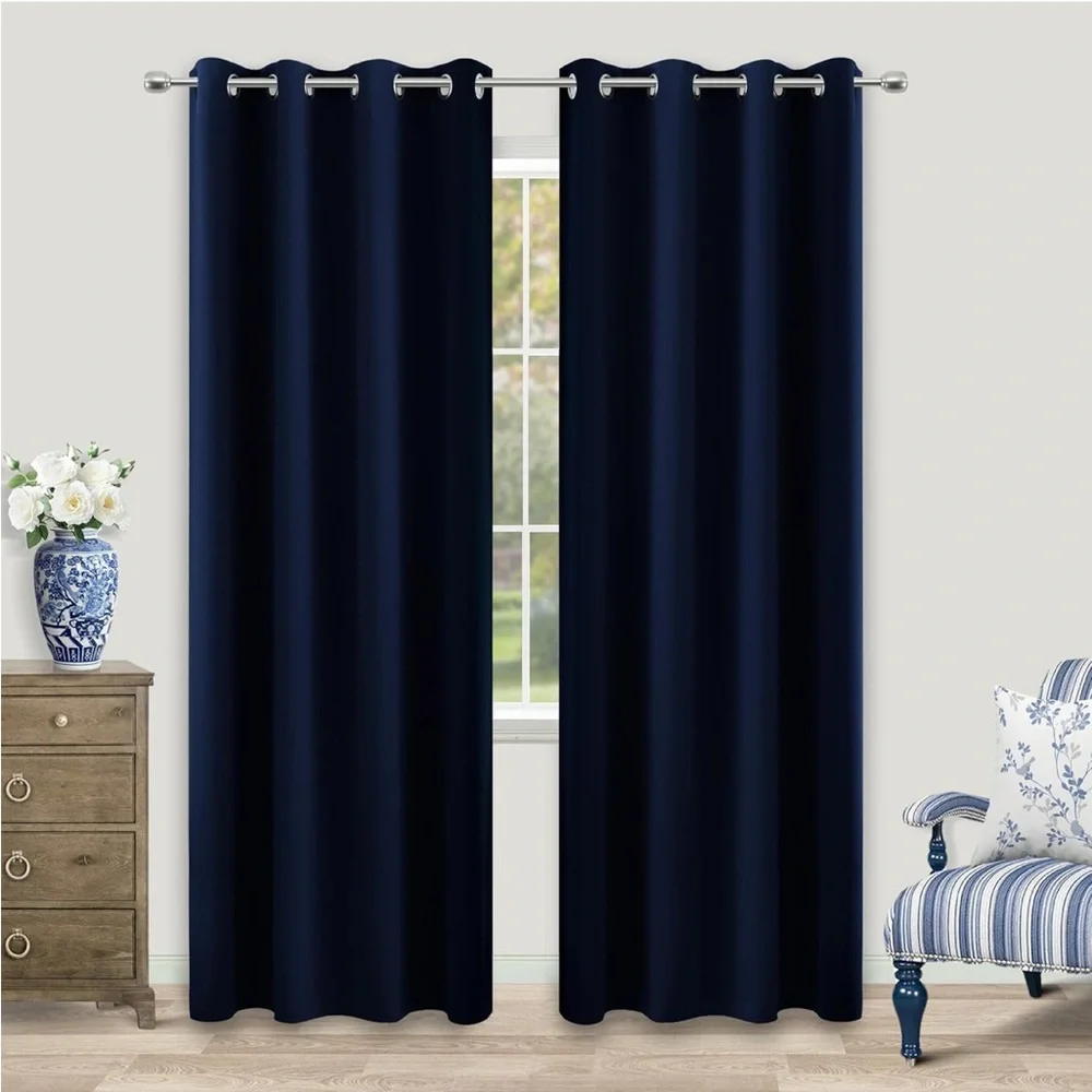 Navy Blue Blackout Curtains 84” 2 Panel Set Thermal Insulated Room Darkening